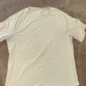 Men's LULU LEMON light green, and grey Striped workout shirt